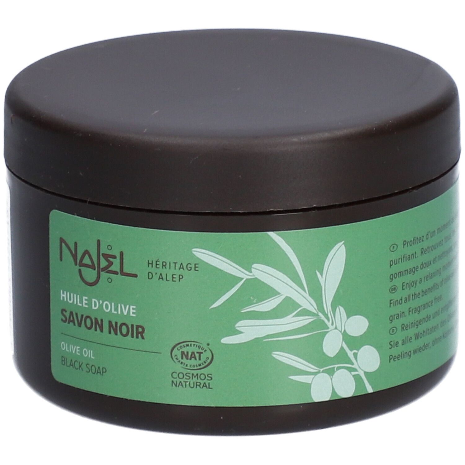 Pot brun avec étiquette verte. Inscription: Najel, Huile d'Olive Savon Noir, Cosmos Natural. Illustration de branche d'olivier.