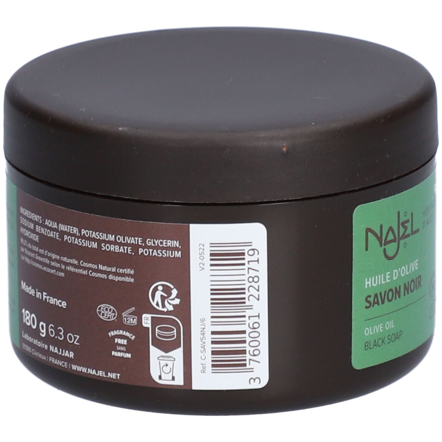 Pot brun avec étiquette verte. Inscription: Najel, Huile d'Olive Savon Noir. Liste des ingrédients, code-barres, 180g, Fabriqué en France.