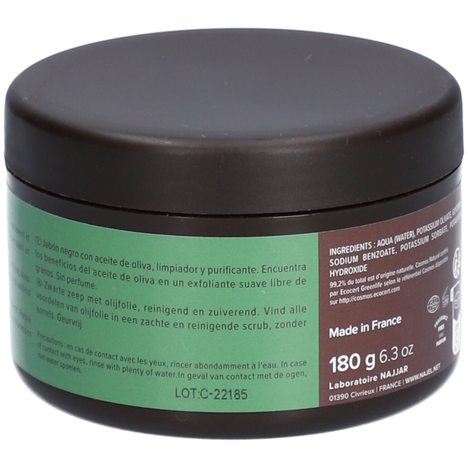 Pot brun avec étiquette verte. Inscription: Najel, Huile d'Olive Savon Noir. Liste des ingrédients, 180 g, Fabriqué en France.