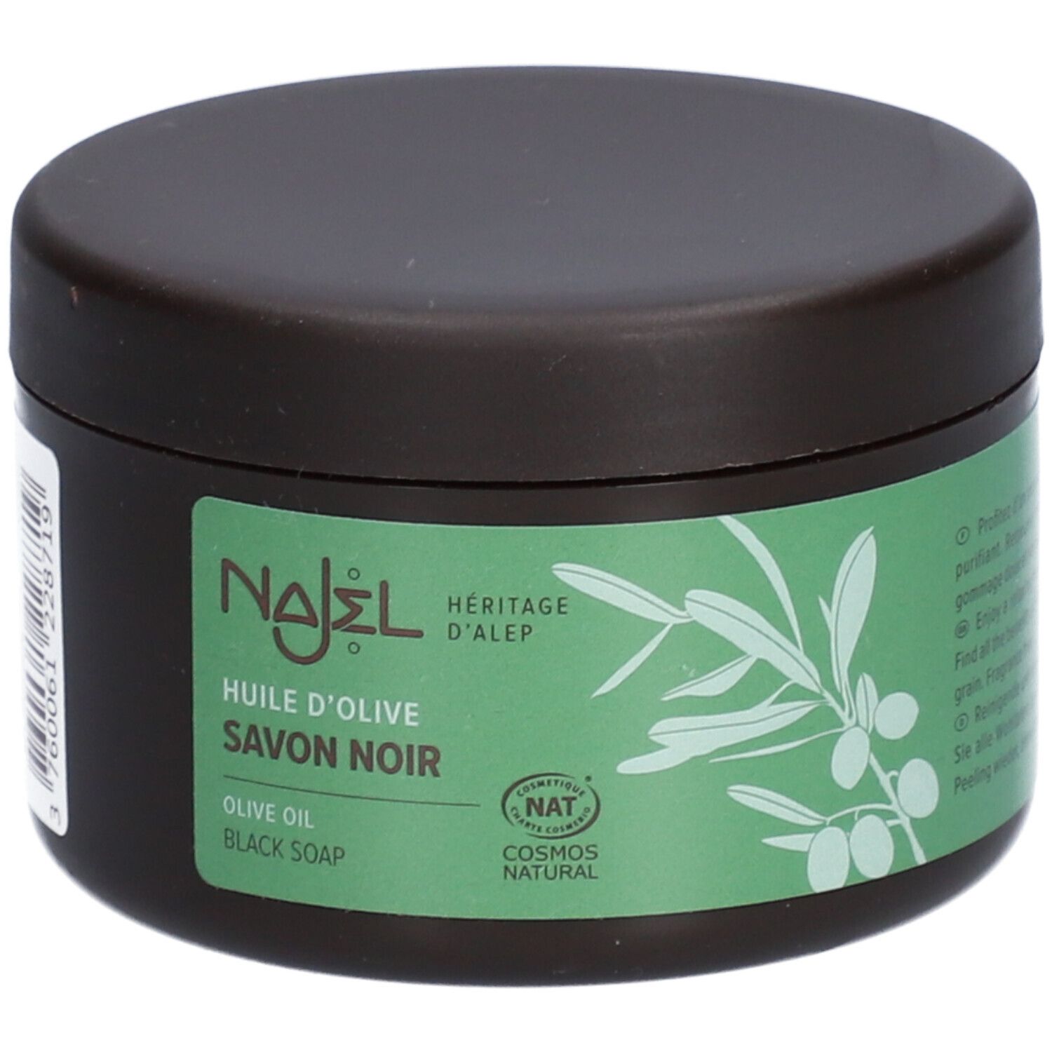 Pot brun avec étiquette verte. Inscription: Najel, Huile d'Olive Savon Noir, Cosmos Natural. Illustration de branche d'olivier.