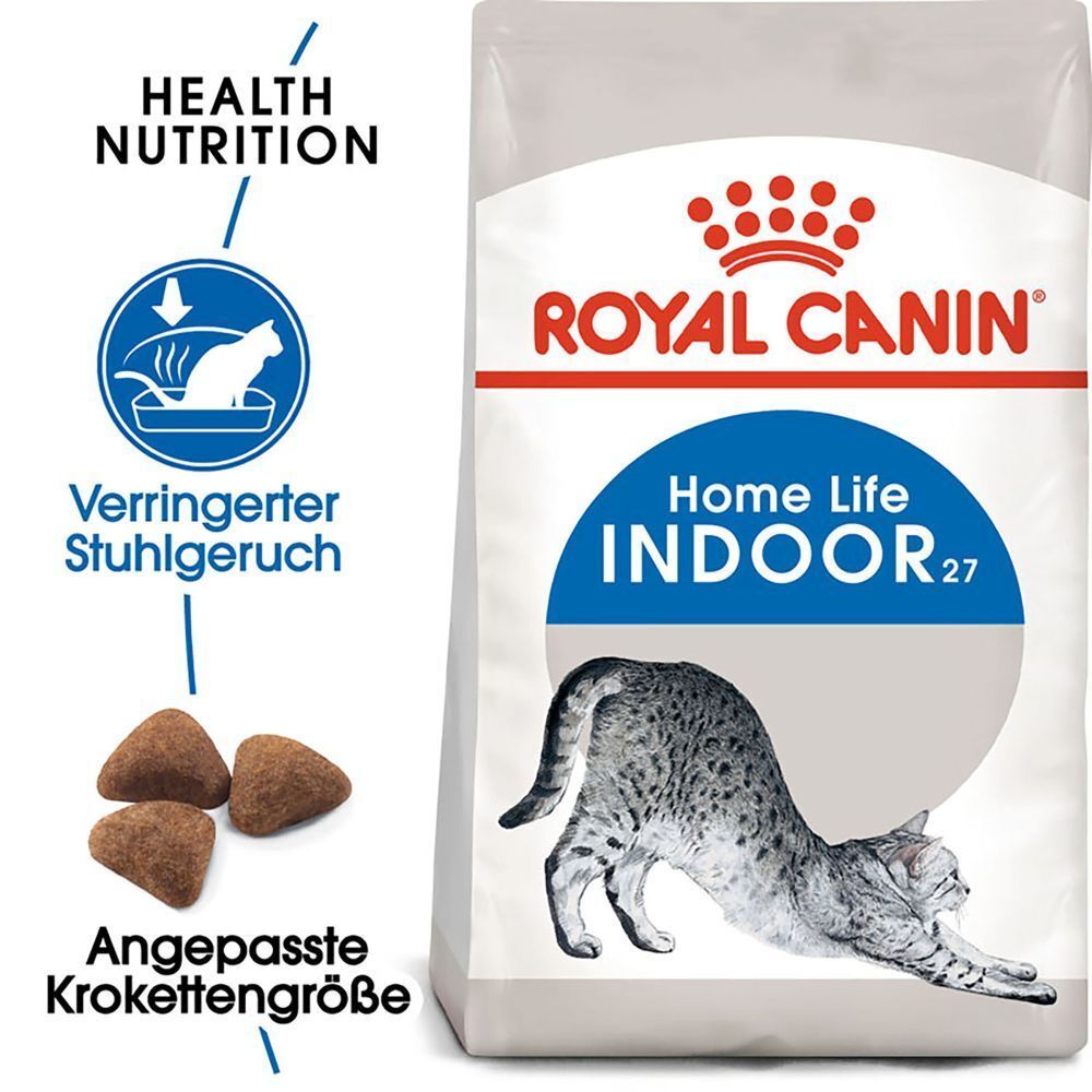 Sack Royal Canin Home Life Indoor 27 Katzenfutter mit Katze und Kroketten.