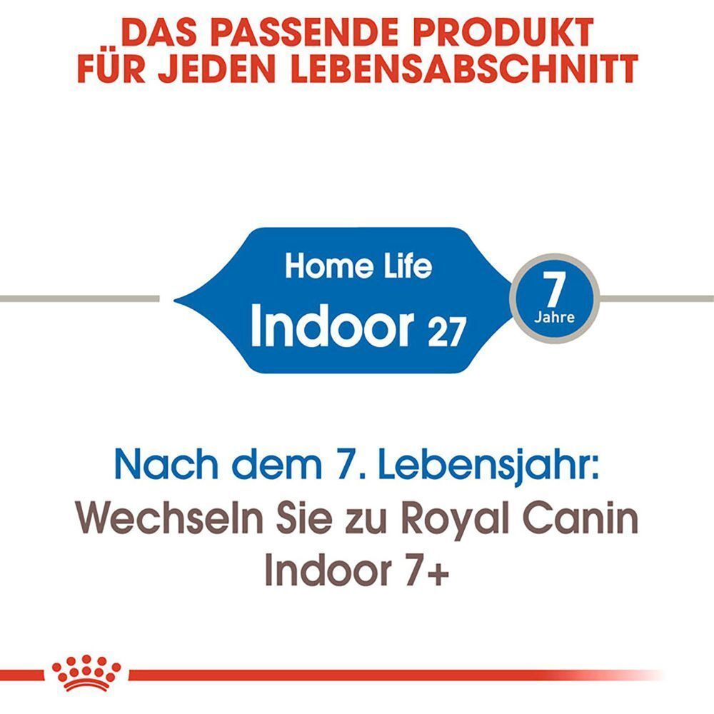 Royal Canin Futter: "Home Life Indoor 27" für Katzen ab 7 Jahren. "Indoor 7+" als Nachfolgeprodukt.