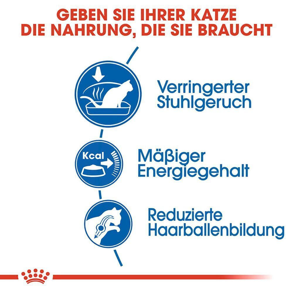 Royal Canin Infografik: Verringerter Stuhlgeruch, mäßiger Energiegehalt, reduzierte Haarballenbildung.