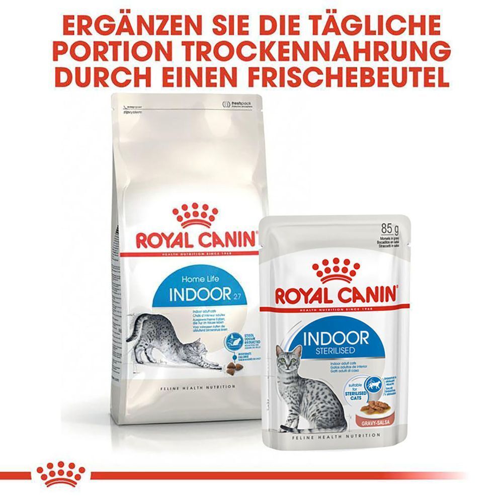 Royal Canin Trockenfutter und Frischebeutel für Katzen. "Ergänzen Sie die tägliche Portion Trockennahrung durch einen Frischebeutel."