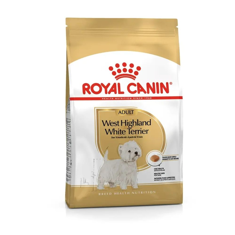 Royal Canin West Highland White Terrier Adult Hundefutter-Beutel mit Hundebild.