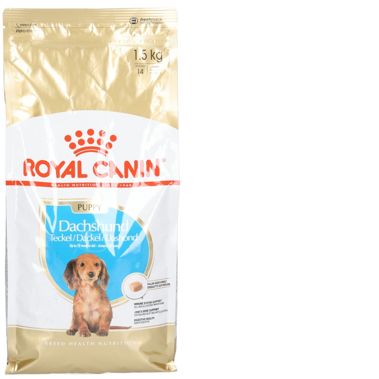 Royal Canin Dachshund Junior Trockenfutter für Welpen. Goldene Verpackung mit Hundebild und 1,5 kg Angabe.