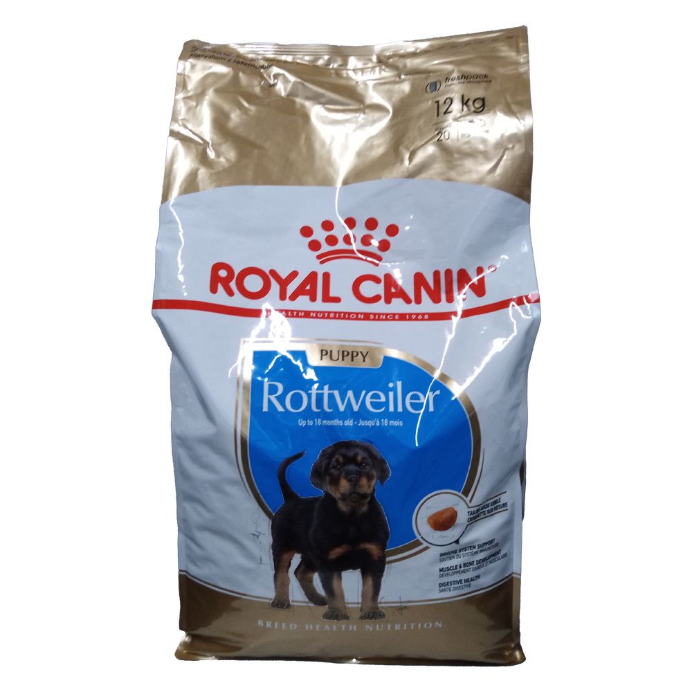 Vorderseite einer Royal Canin Rottweiler Puppy Hundefutterpackung (12 kg) mit Welpenbild und Produktinformationen.