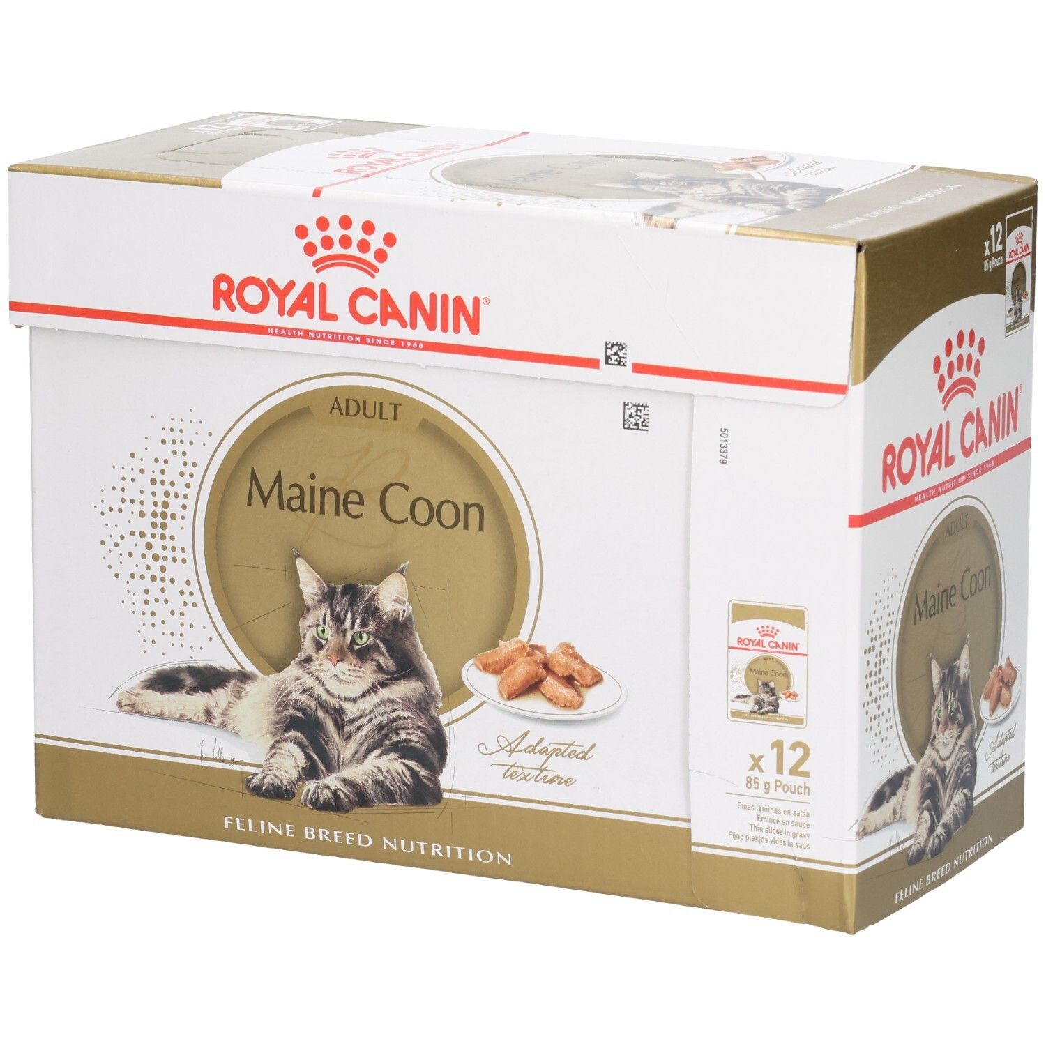 Royal Canin Maine Coon Katzenfutter-Box, 12x85g Beutel, mit Bild einer Katze und Kroketten.