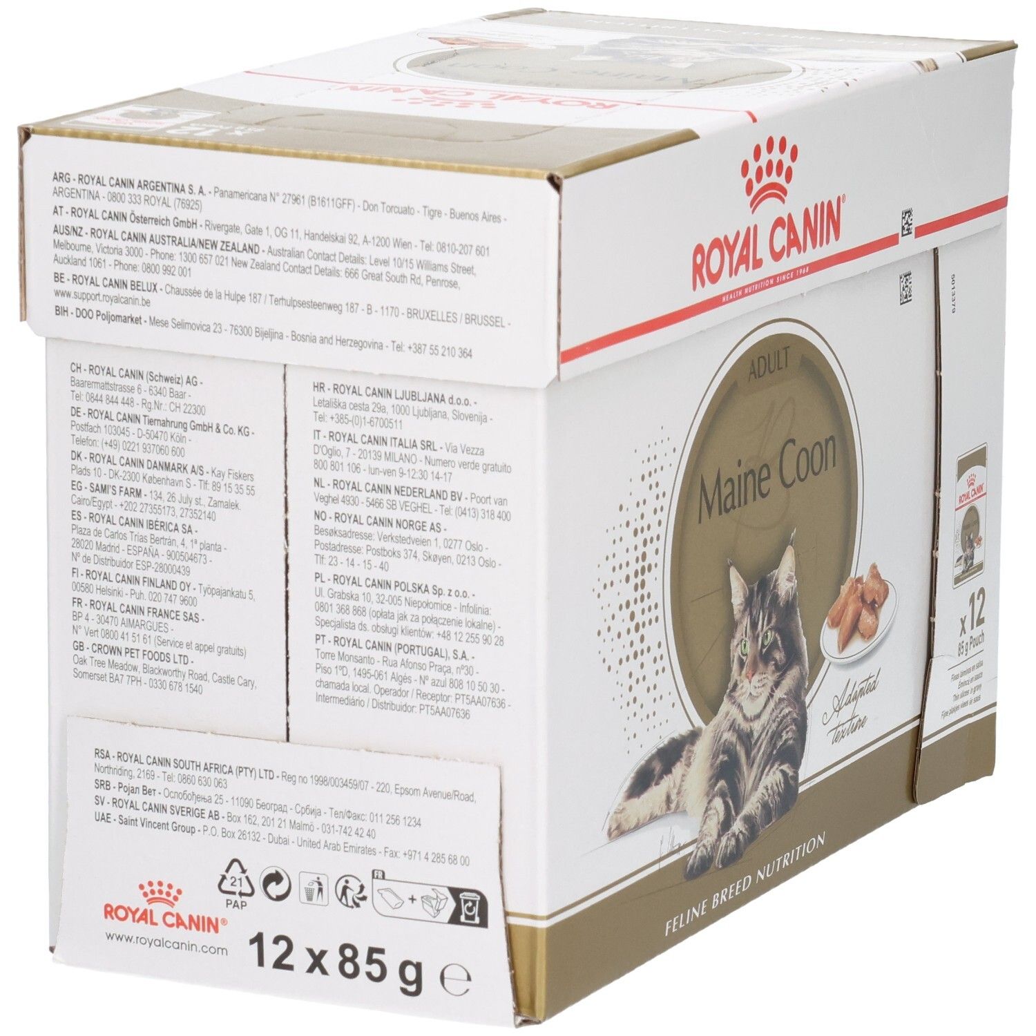 Rückseite der Royal Canin Maine Coon Futterbox mit Adressliste und Recycling-Symbolen.