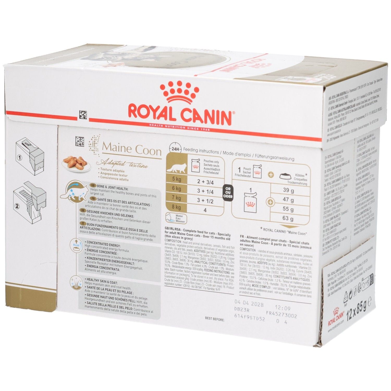 Seitenansicht der Royal Canin Maine Coon Futterbox mit Fütterungshinweisen und Produktinformationen.