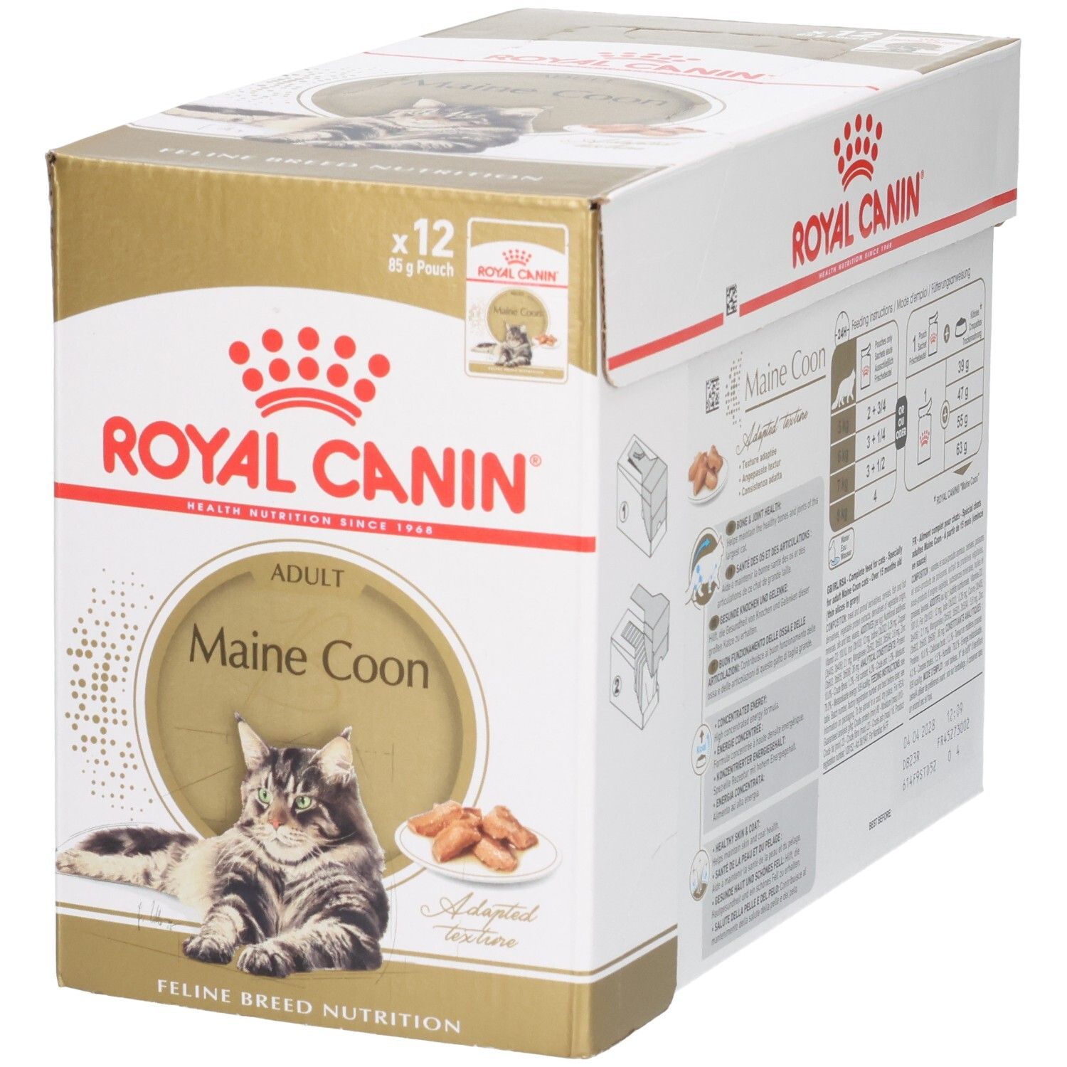 Royal Canin Maine Coon Katzenfutter-Box, 12x85g Beutel, Vorderseite mit Katzenbild und Produktname.