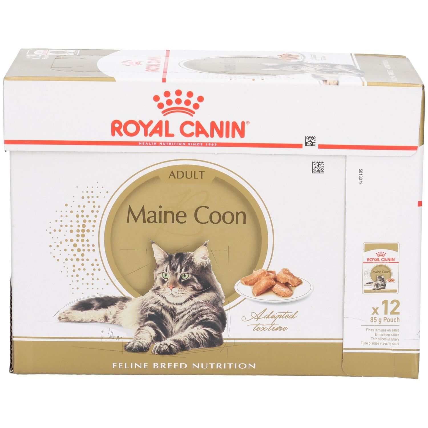 Royal Canin Maine Coon Katzenfutter-Box, 12x85g Beutel, mit Bild einer Katze und Kroketten.