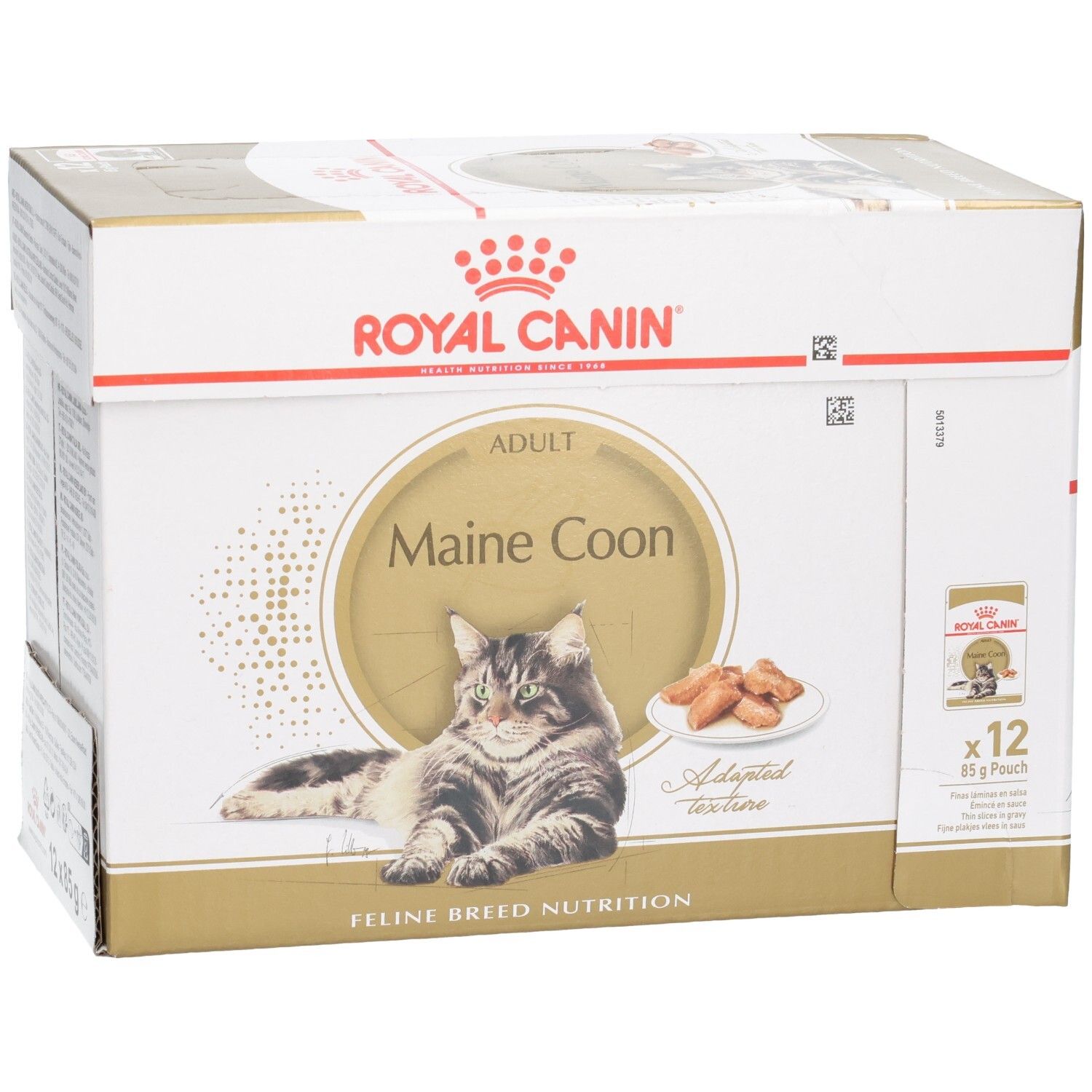 Royal Canin Maine Coon Katzenfutter-Box, 12x85g Beutel, mit Bild einer Katze und Kroketten.