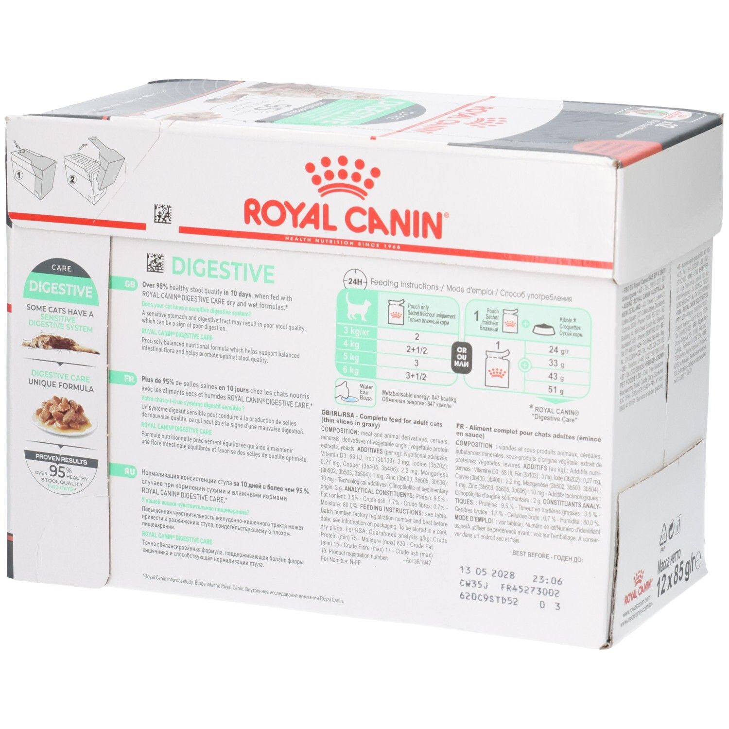 Seite der Royal Canin Feline Digestive Care Multipackung mit Fütterungsempfehlungen und Produktvorteilen.