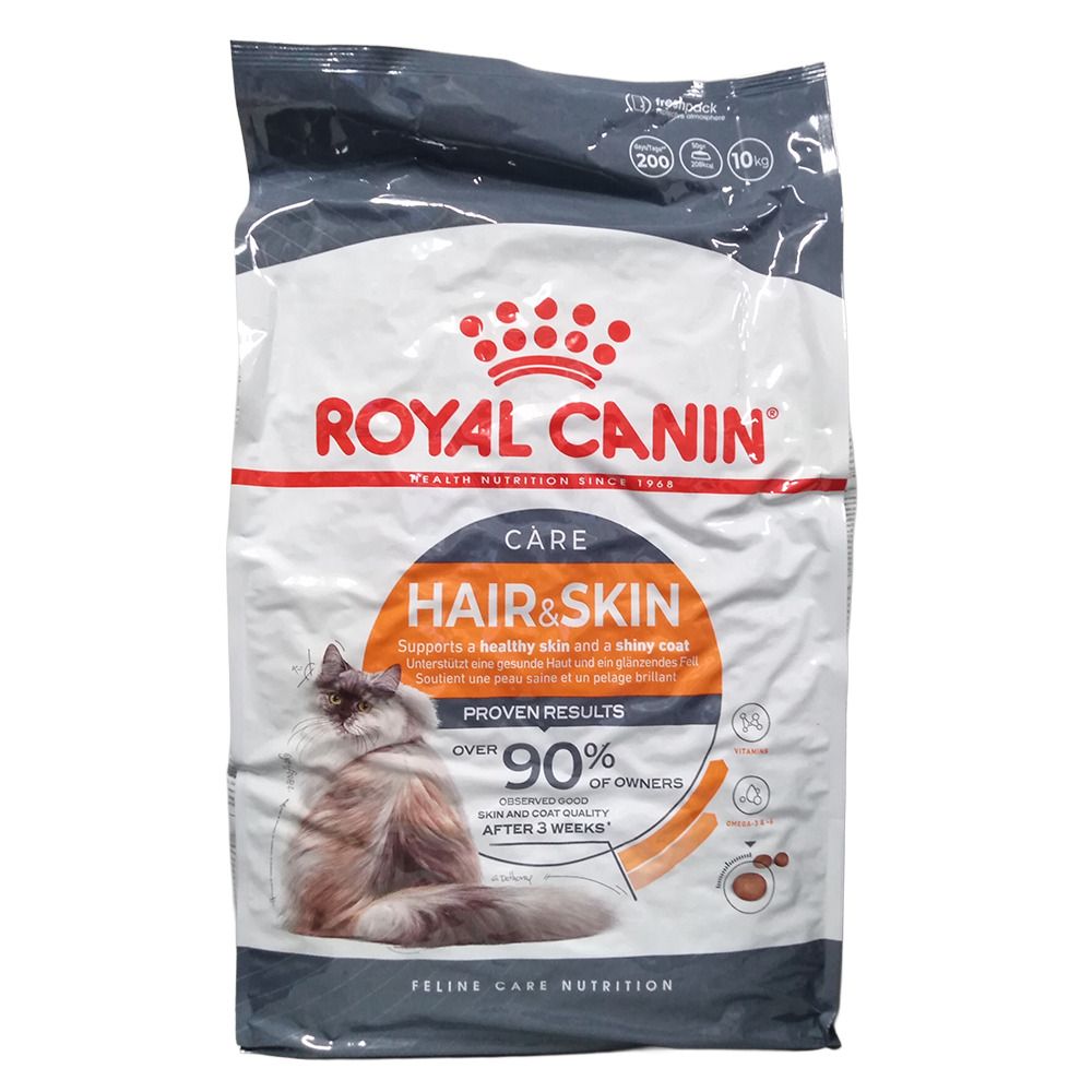 Royal Canin Feline Hair & Skin Care Trockenfutter-Sack mit Bild einer Katze und Produktinformationen.