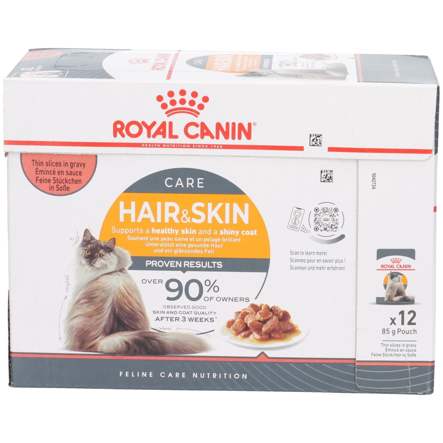 Royal Canin Hair & Skin Katzenfutter-Box, Vorderansicht mit Fokus auf Produktvorteile.