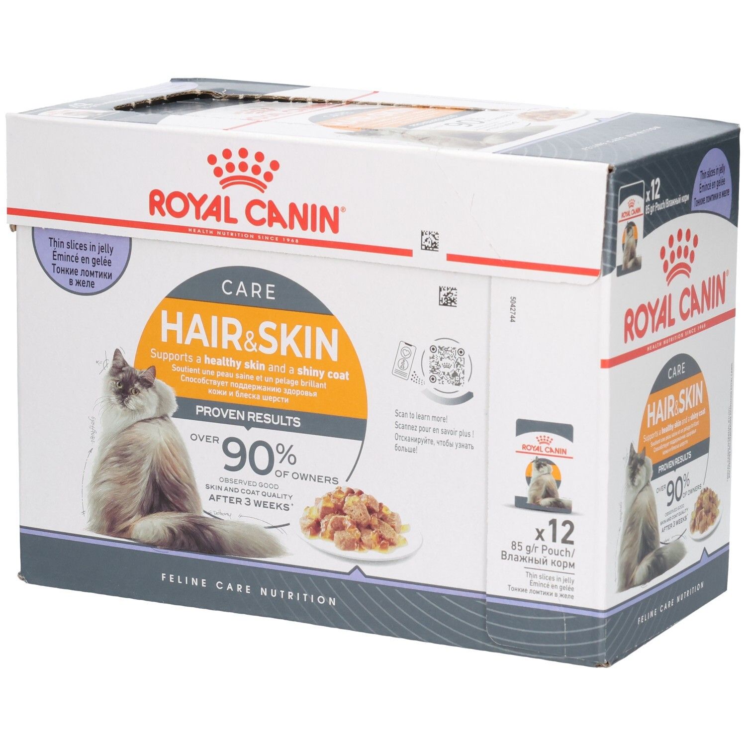 Royal Canin Hair & Skin Katzenfutter-Box mit 12x85g Beuteln. Zeigt eine Katze und eine Schale Futter.