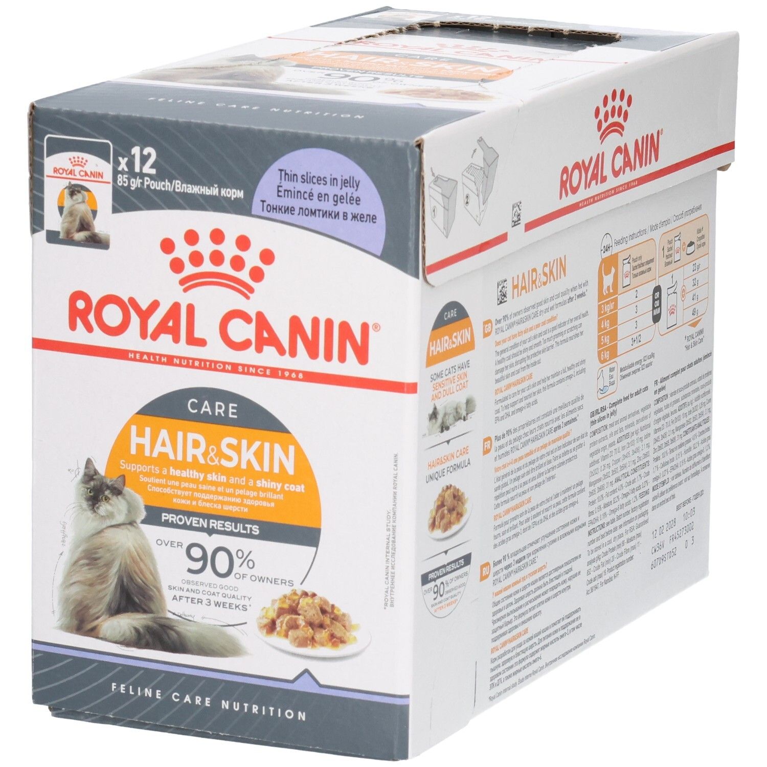Vorderseite der Royal Canin Hair & Skin Katzenfutter-Box, 12x85g Beutel. Zeigt eine Katze und eine Schale Futter.