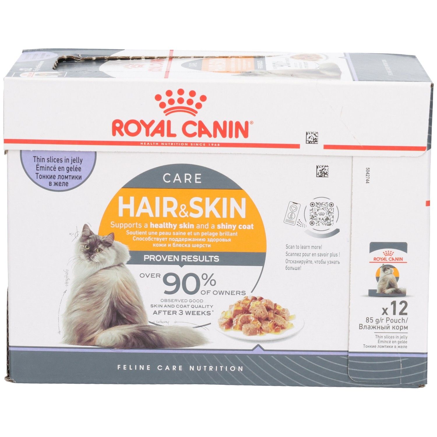 Royal Canin Hair & Skin Katzenfutter-Box, 12x85g Beutel. Zeigt eine Katze, eine Schale Futter und Produktvorteile.