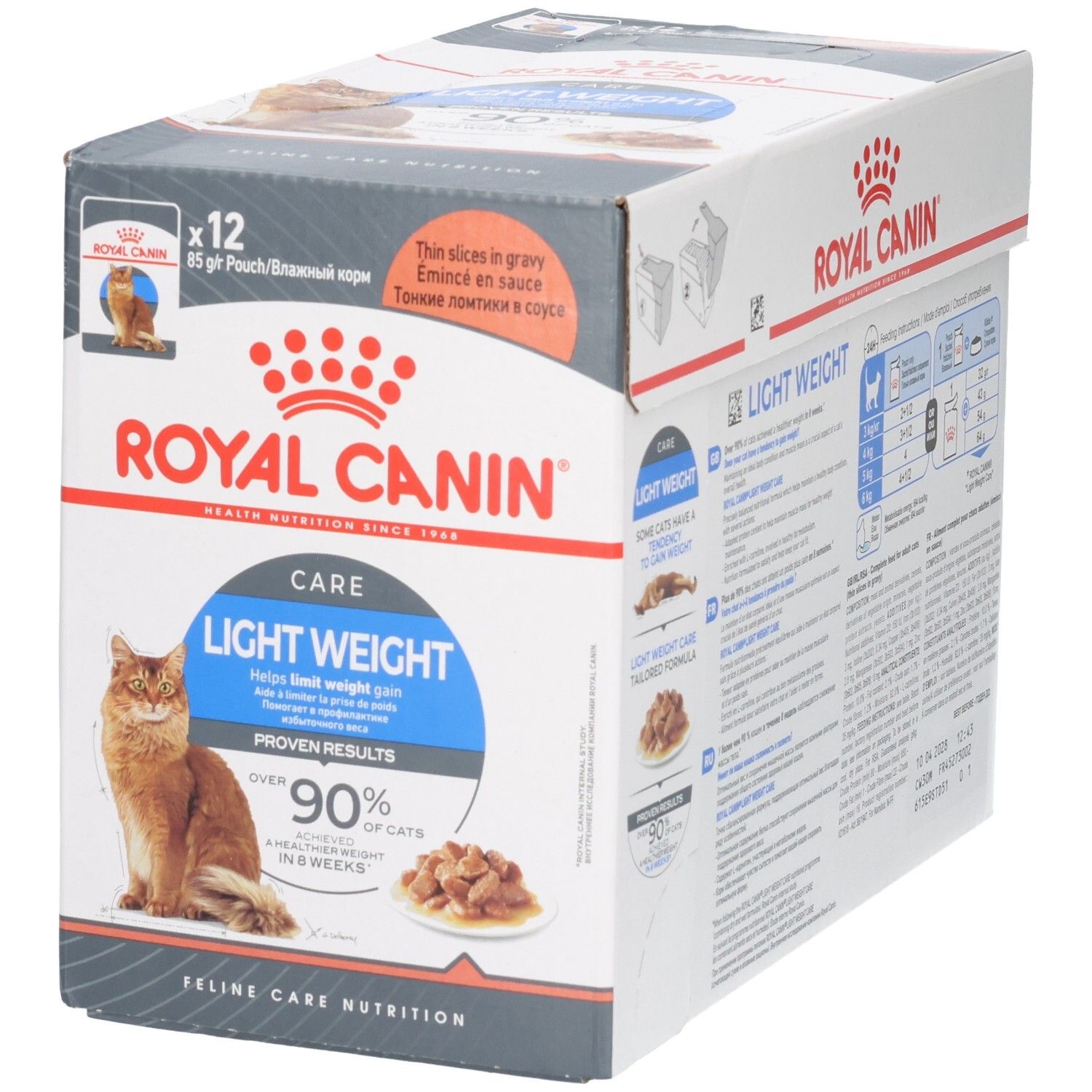Vorderseite des Royal Canin Light Weight Care Multipacks mit Katze und Futterportion.