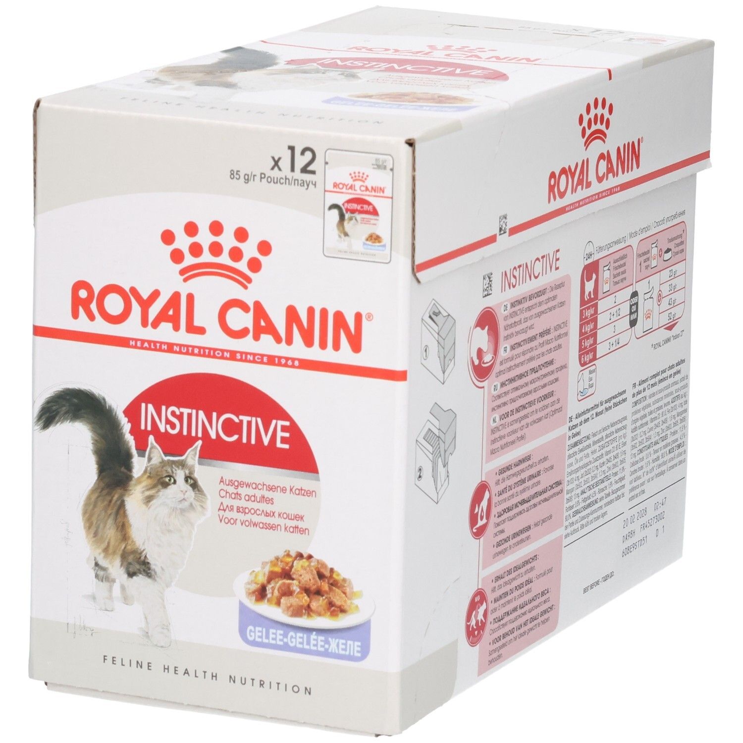Royal Canin Instinctive Multipack: Vorderseite mit Katze, Schale Futter und Produktinformationen.