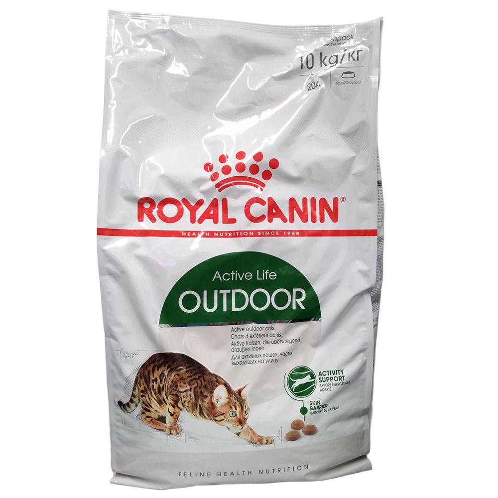 Royal Canin Outdoor Katzenfutter, 10 kg Beutel mit Abbildung einer Katze.
