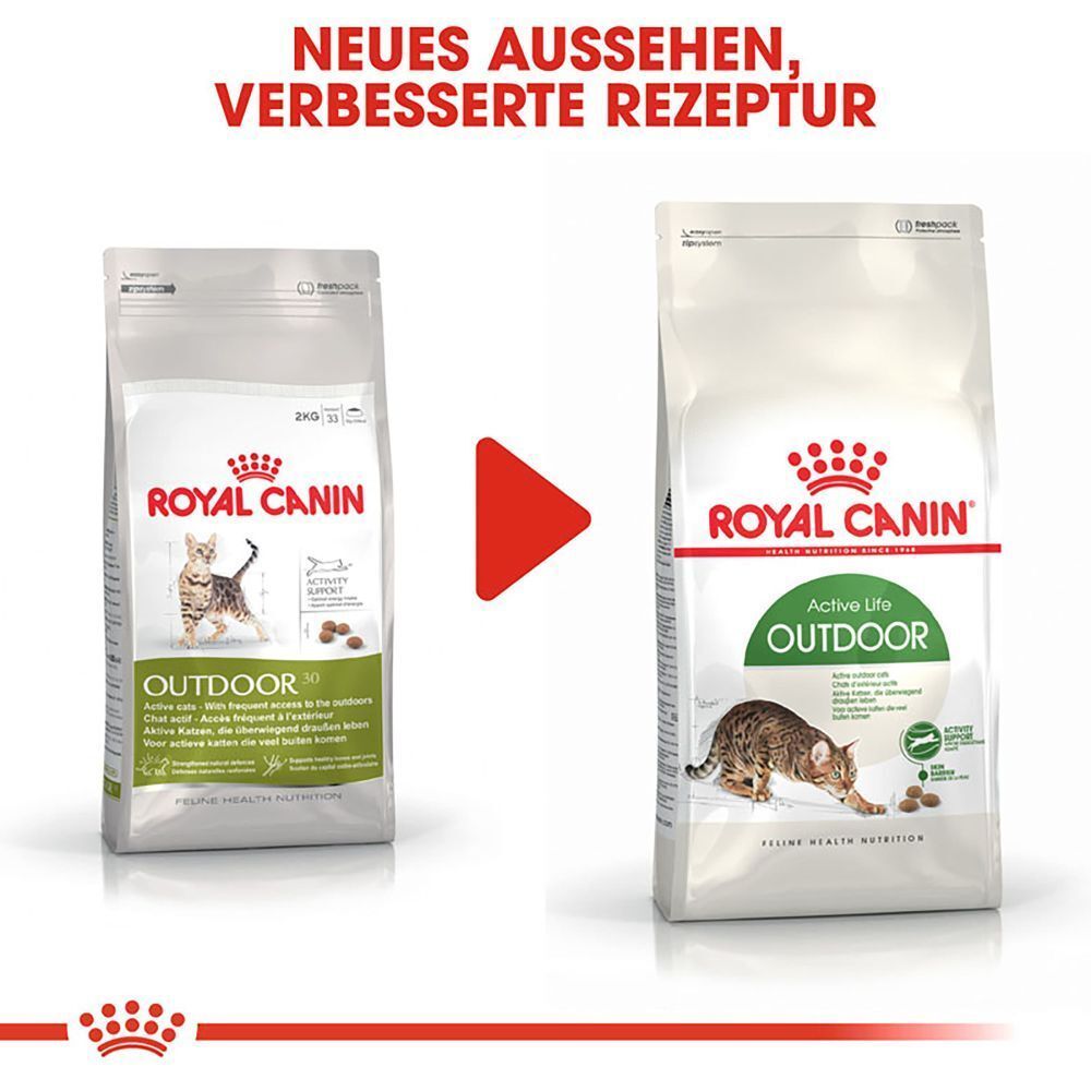 Zwei Säcke Royal Canin Katzenfutter: links Outdoor, rechts mit neuem Design.