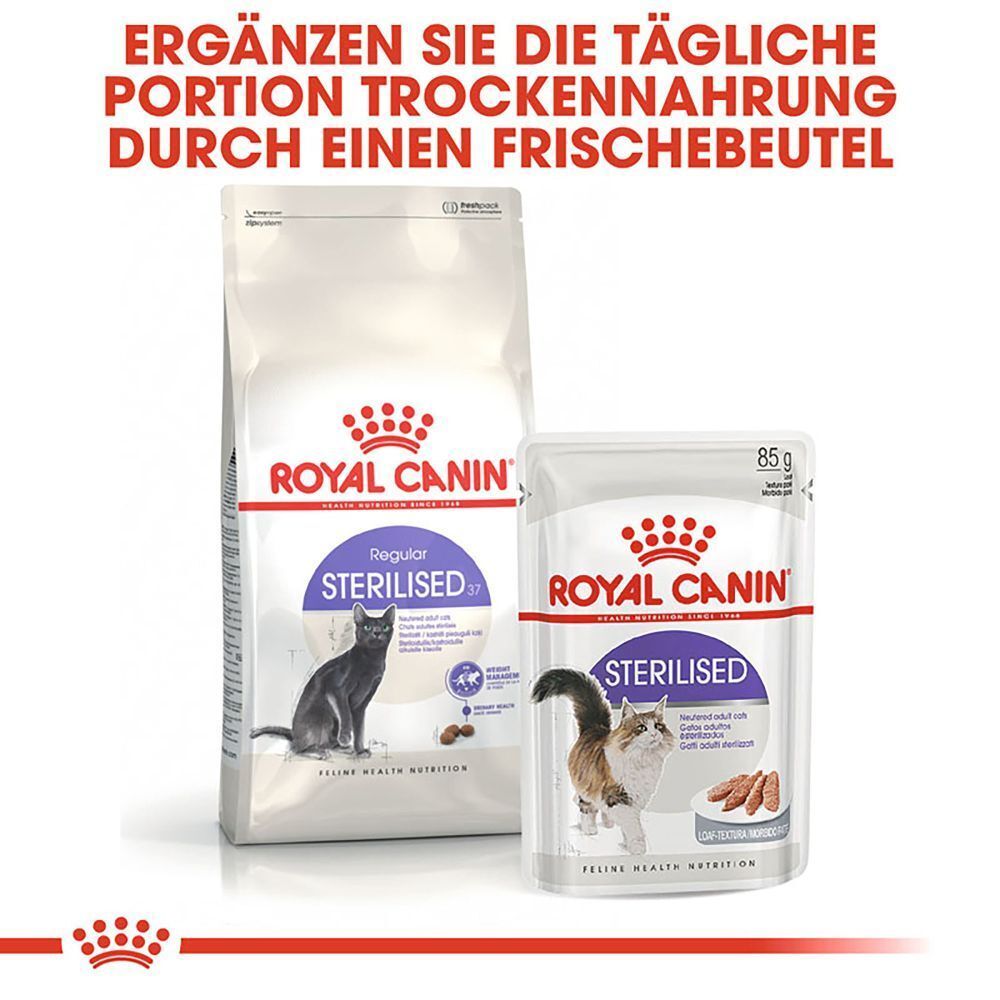 Royal Canin Sterilised Katzenfutter: Trockenfutter-Sack und Frischebeutel mit Katzenabbildungen.