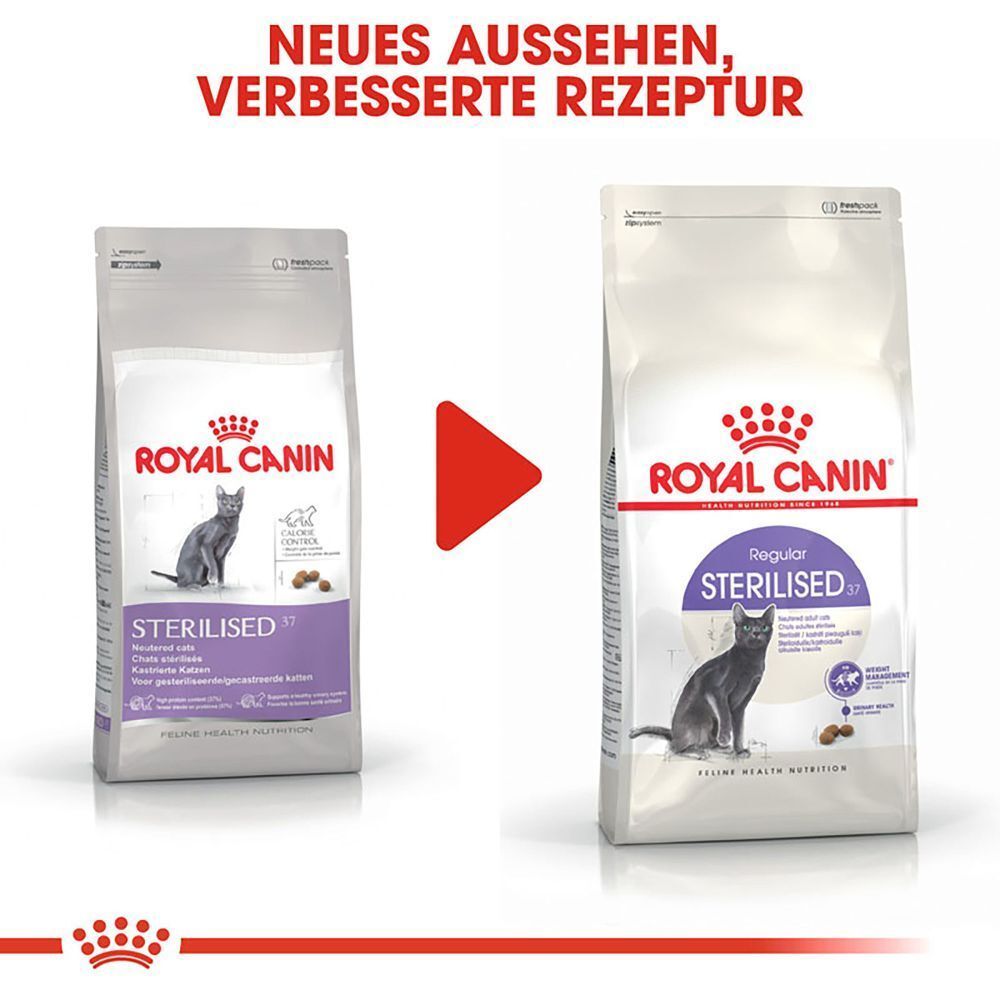 Zwei Royal Canin Sterilised Katzenfutter-Packungen, eine ältere und eine neuere Version.
