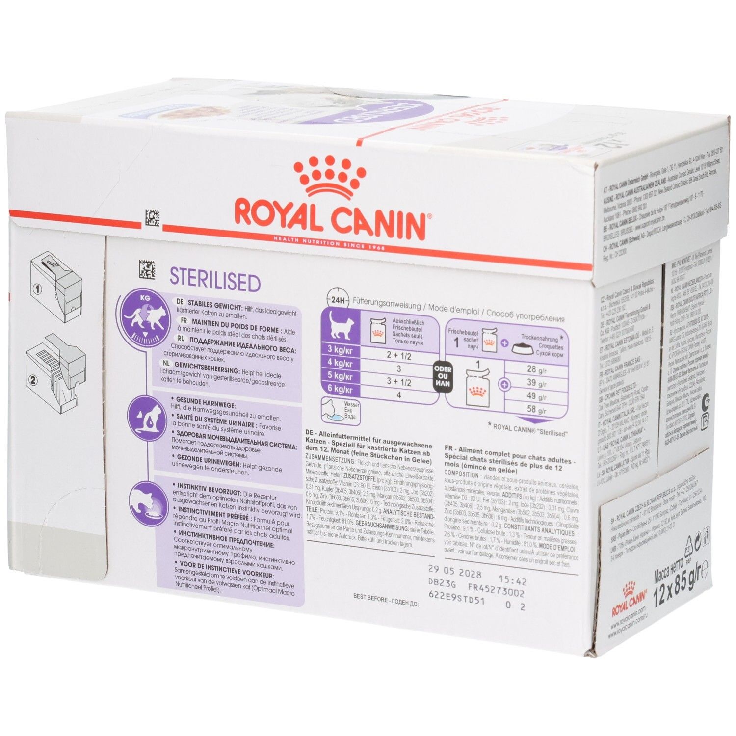 Royal Canin Sterilised Katzenfutter-Karton, Seitenansicht mit Fütterungstabelle.