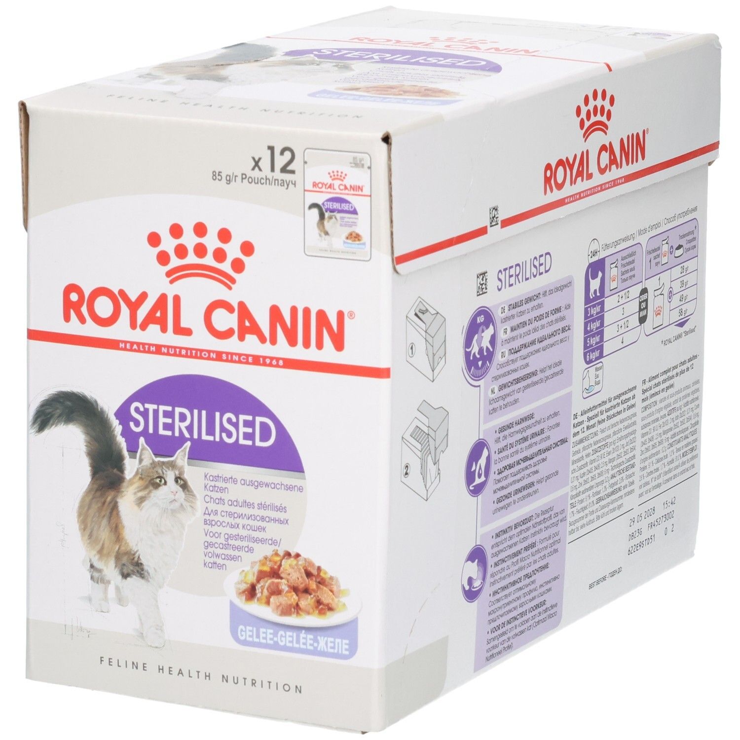 Royal Canin Sterilised Katzenfutter-Karton, Vorderseite mit Katzenbild.