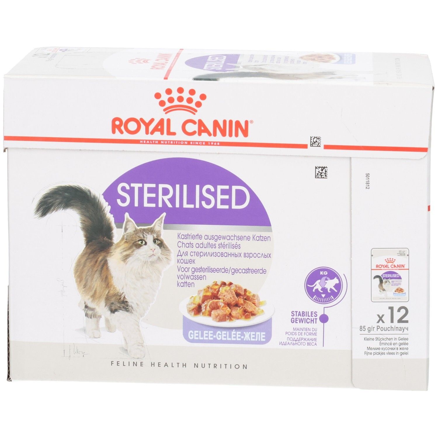 Royal Canin Sterilised Katzenfutter-Karton, Vorderseite mit Katzenbild.