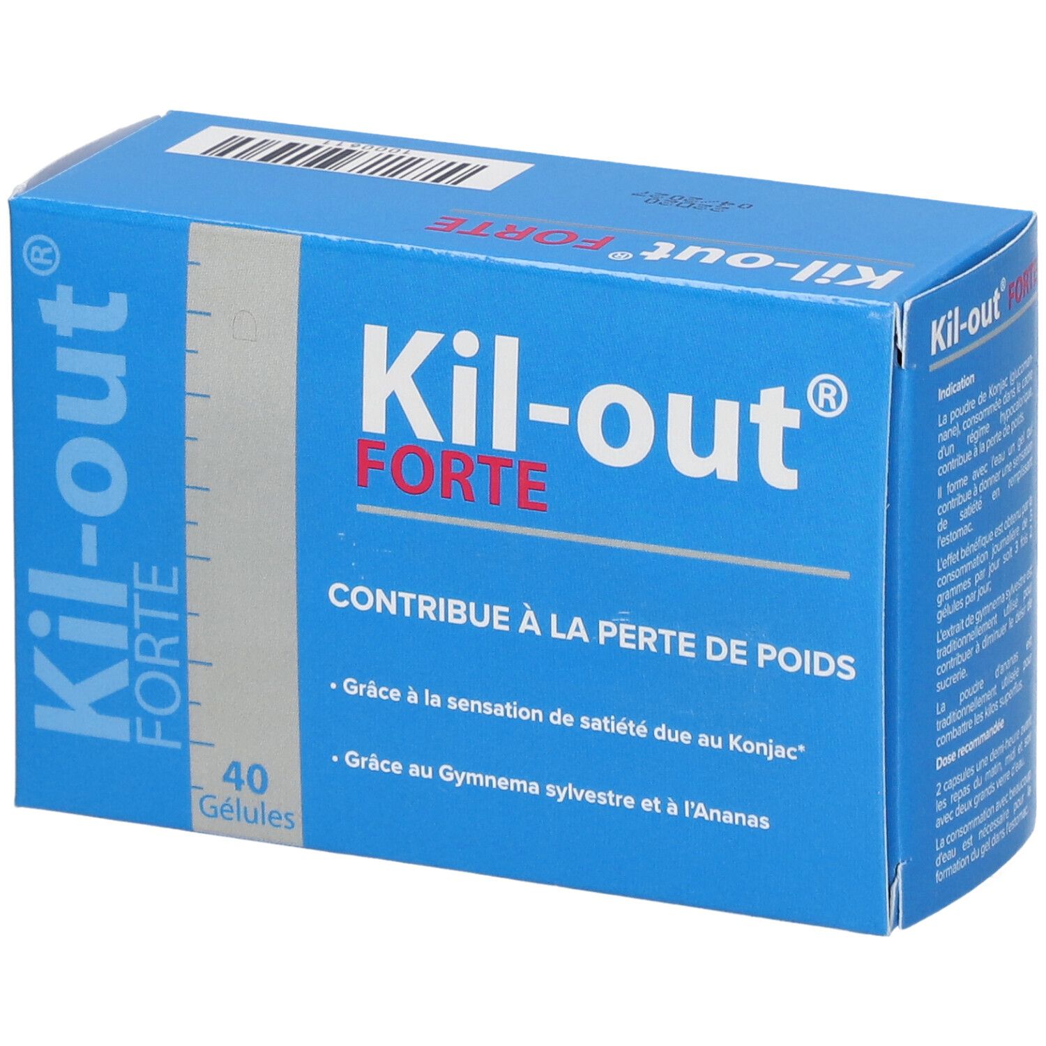 Boîte bleue 'Kil-out FORTE'. Texte: '40 Gélules'. La boîte affiche des informations sur le produit et ses ingrédients.