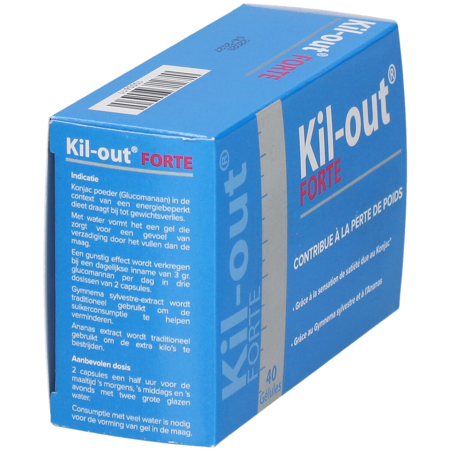 Boîte bleue 'Kil-out FORTE'. Contient 40 gélules. Inscriptions: informations sur le produit, ingrédients et instructions.