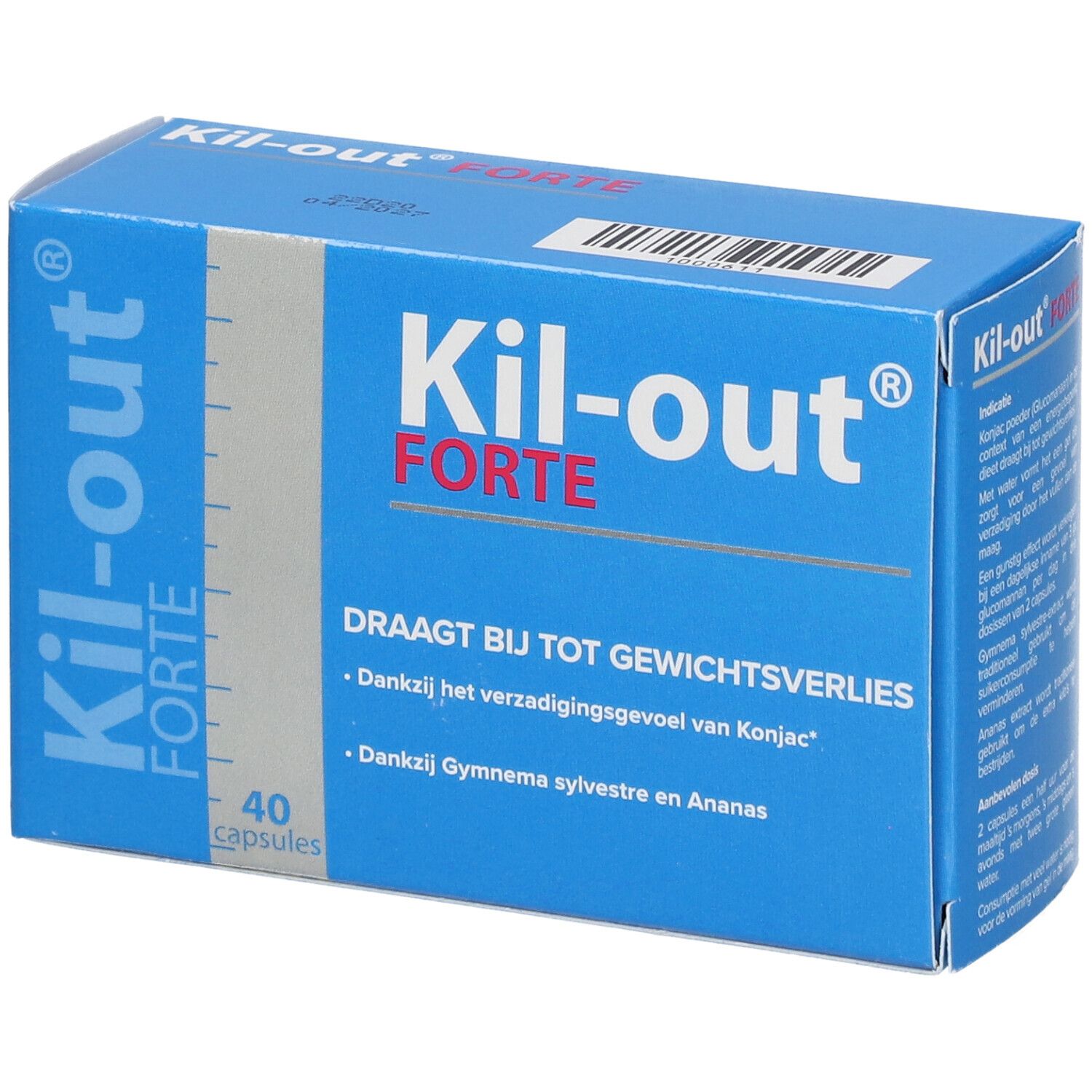 Boîte bleue 'Kil-out FORTE'. Contient 40 gélules. Inscriptions: informations sur le produit, ingrédients et instructions.