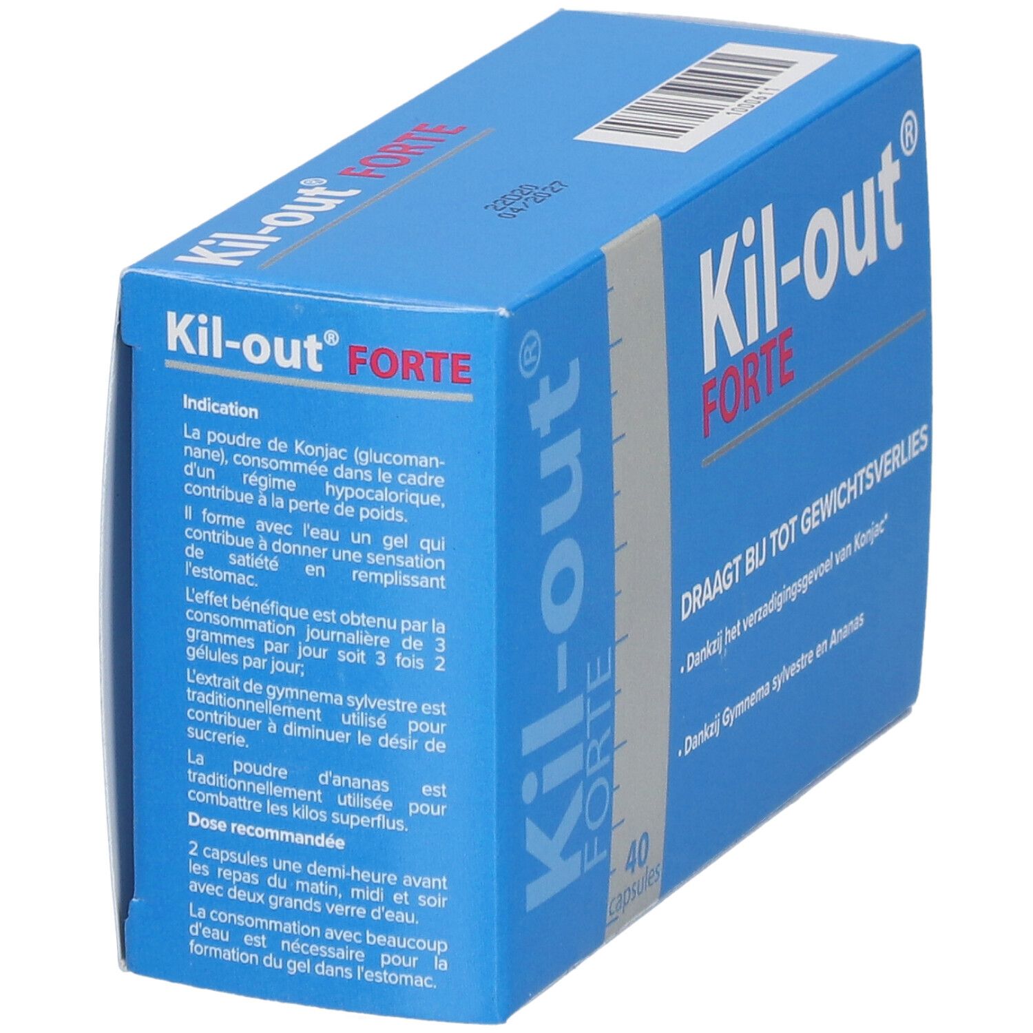 Boîte bleue 'Kil-out FORTE'. Contient 40 gélules. Inscriptions: informations sur le produit, ingrédients et instructions.