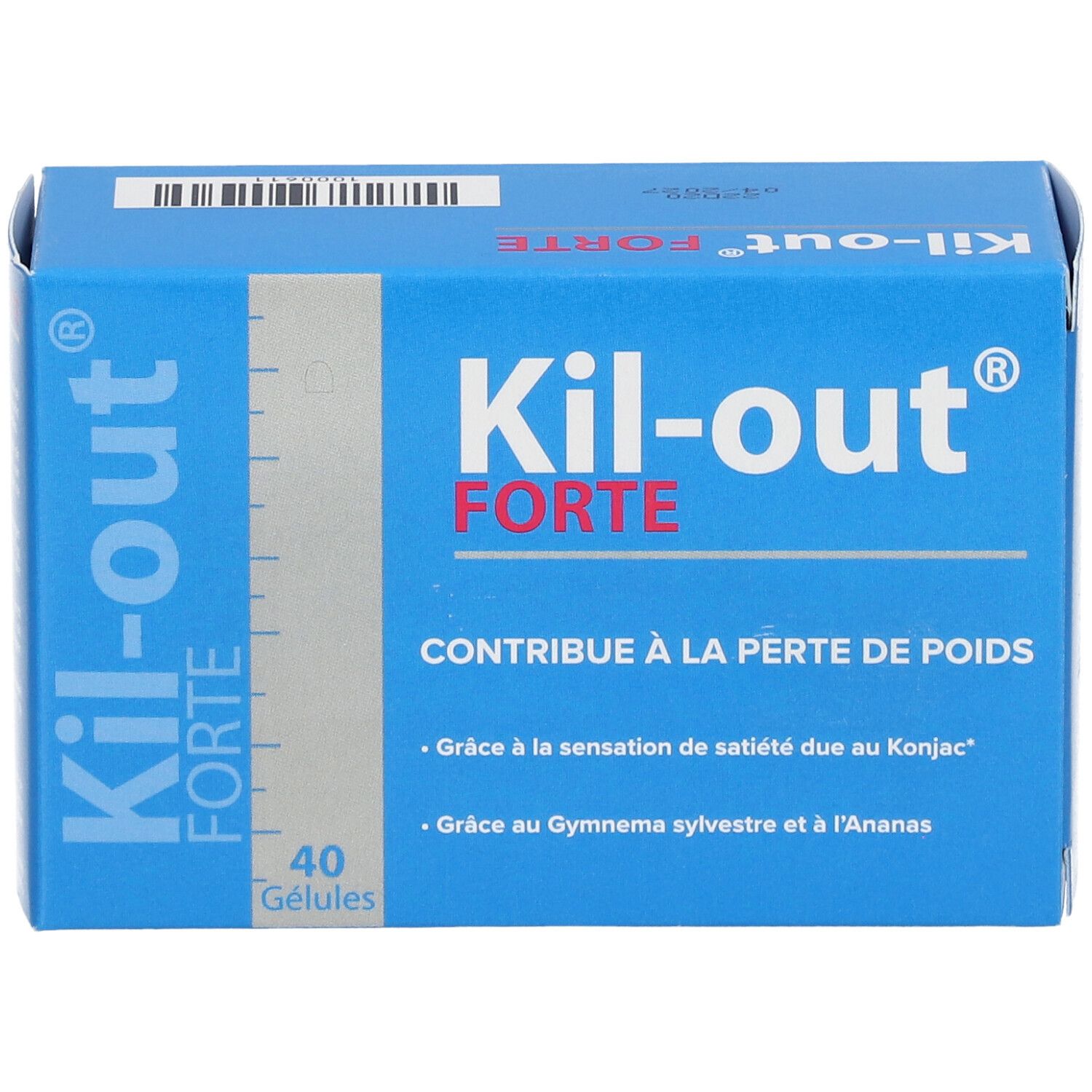 Boîte bleue 'Kil-out FORTE'. Contient 40 gélules. Inscriptions: informations sur le produit, ingrédients et instructions.