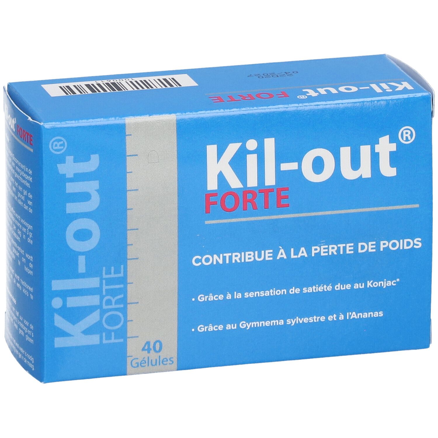Boîte bleue 'Kil-out FORTE'. Contient 40 gélules. Inscriptions: informations sur le produit, ingrédients et instructions.