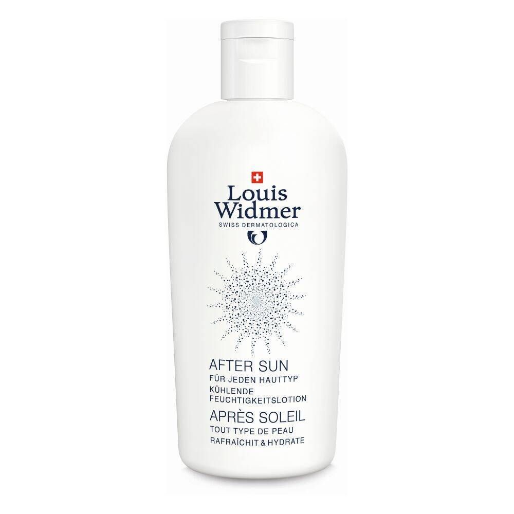 Witte fles Louis Widmer. After Sun voor elk huidtype. Verfrist en hydrateert. Blauwe logo en tekst.
