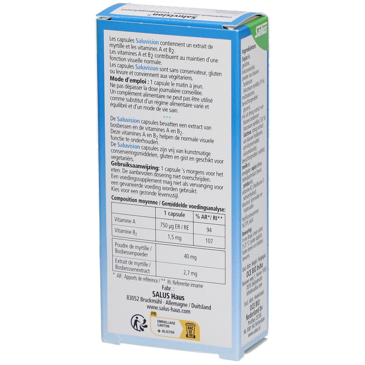 Boîte bleue et blanche de gélules Saluvision. Informations d'utilisation et analyse nutritionnelle. Marque Salus.