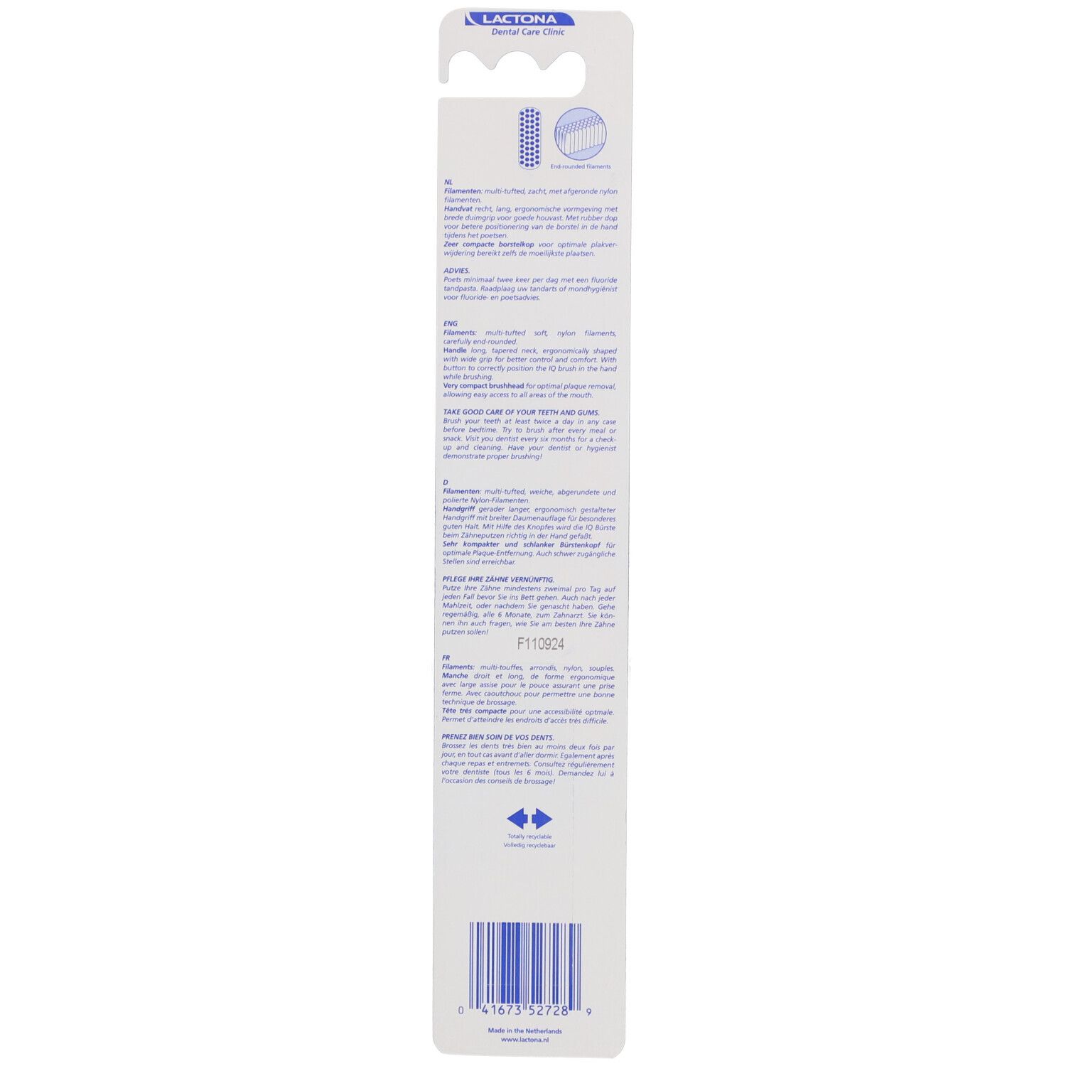 Rückseite der Blisterverpackung mit Produktinformationen und Barcode. Marke Lactona, Dental Care Clinic.