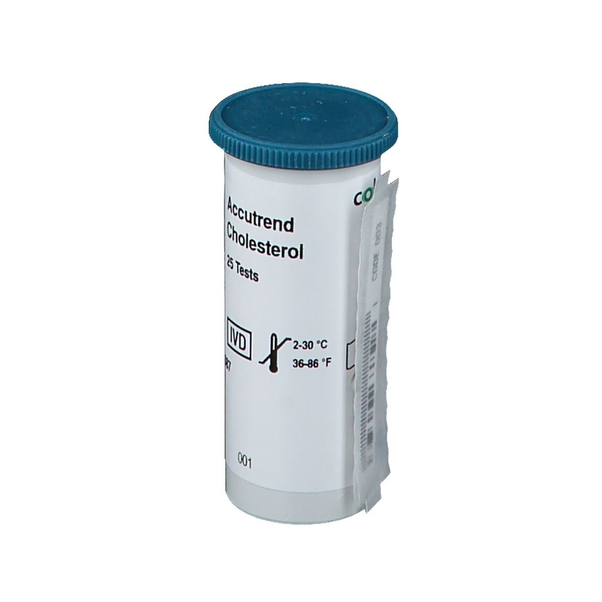 Zylindrische Packung mit blauem Deckel. Beschriftung: Accutrend Cholesterin, 25 Tests. Temperaturhinweis. Teststreifen sichtbar.