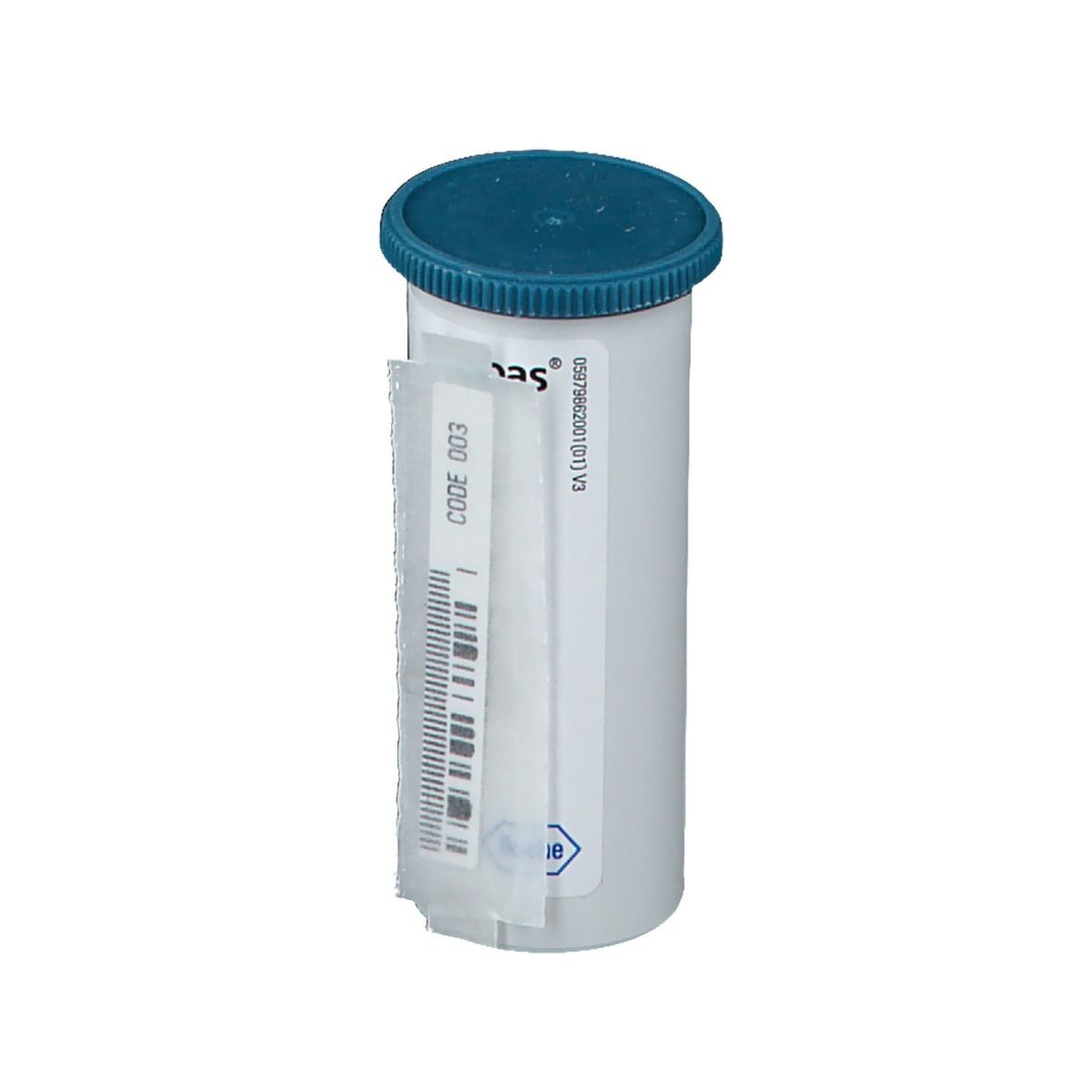 Zylindrische Packung mit blauem Deckel. Teststreifen-Packung sichtbar. Code 003. Roche-Logo.