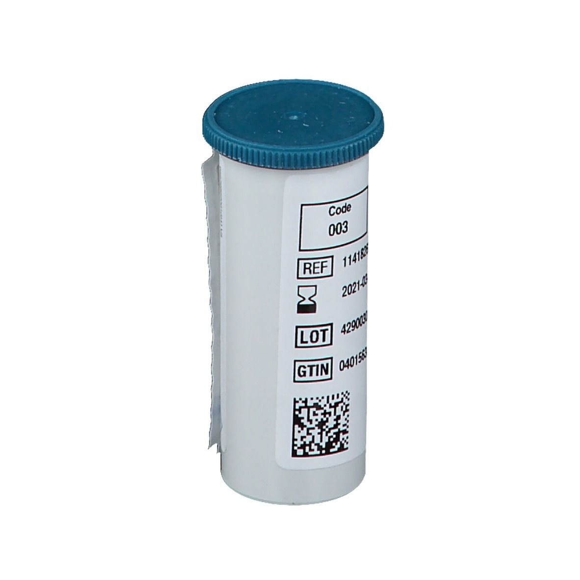 Zylindrische Packung mit blauem Deckel. Beschriftung: Code 003, REF, LOT, GTIN. QR-Code.