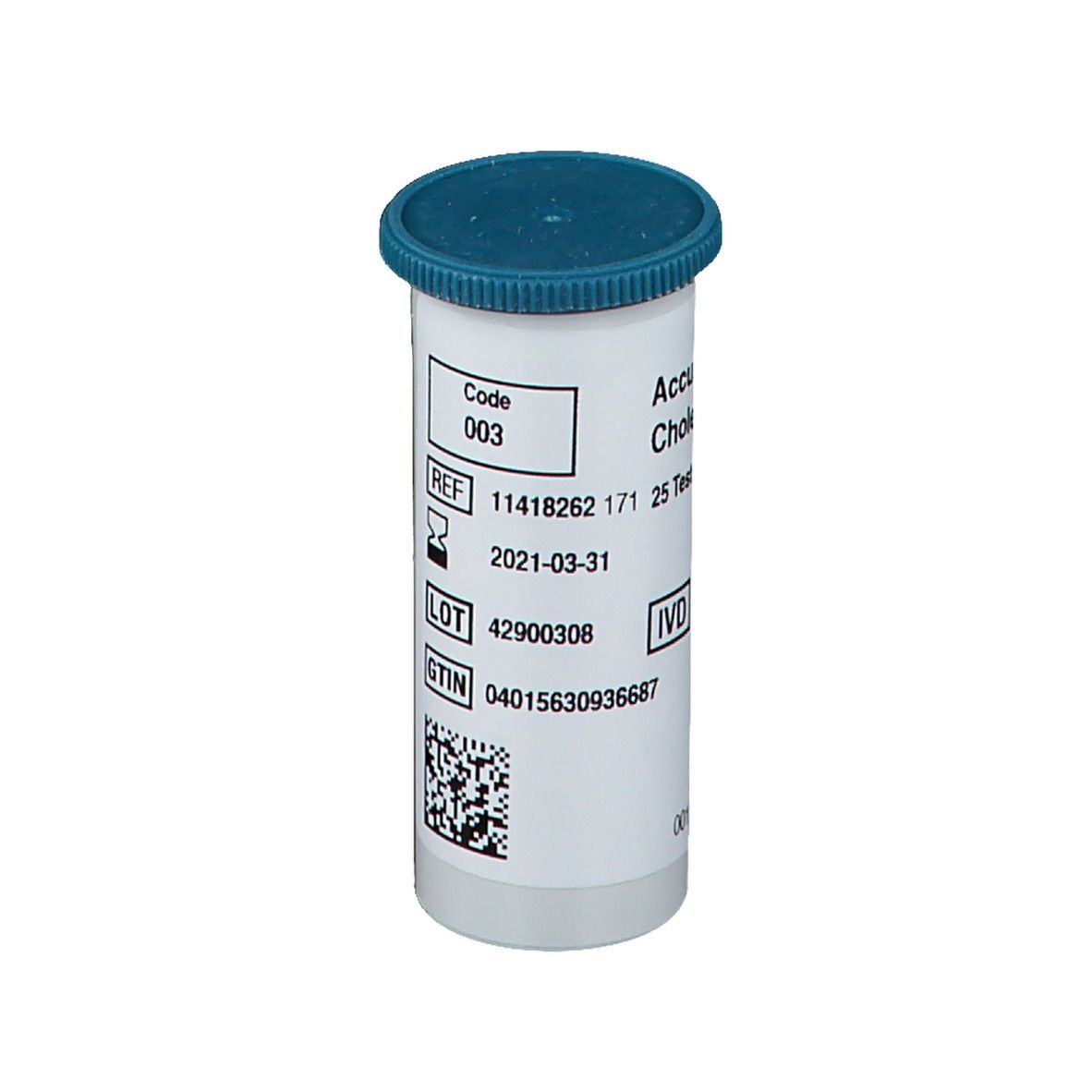 Zylindrische Packung mit blauem Deckel. Beschriftung: Accutrend Cholesterin, 25 Tests. Code, REF, LOT, GTIN. QR-Code.