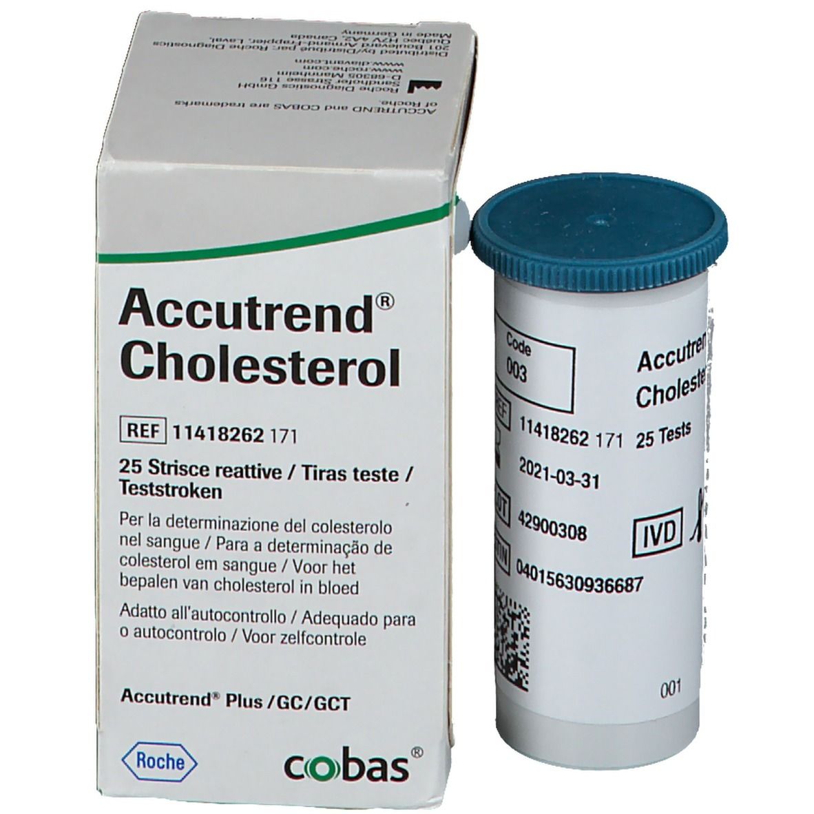 Packung und zylindrische Packung mit blauem Deckel. Beschriftung: Accutrend Cholesterin, 25 Tests. Roche-Logo.