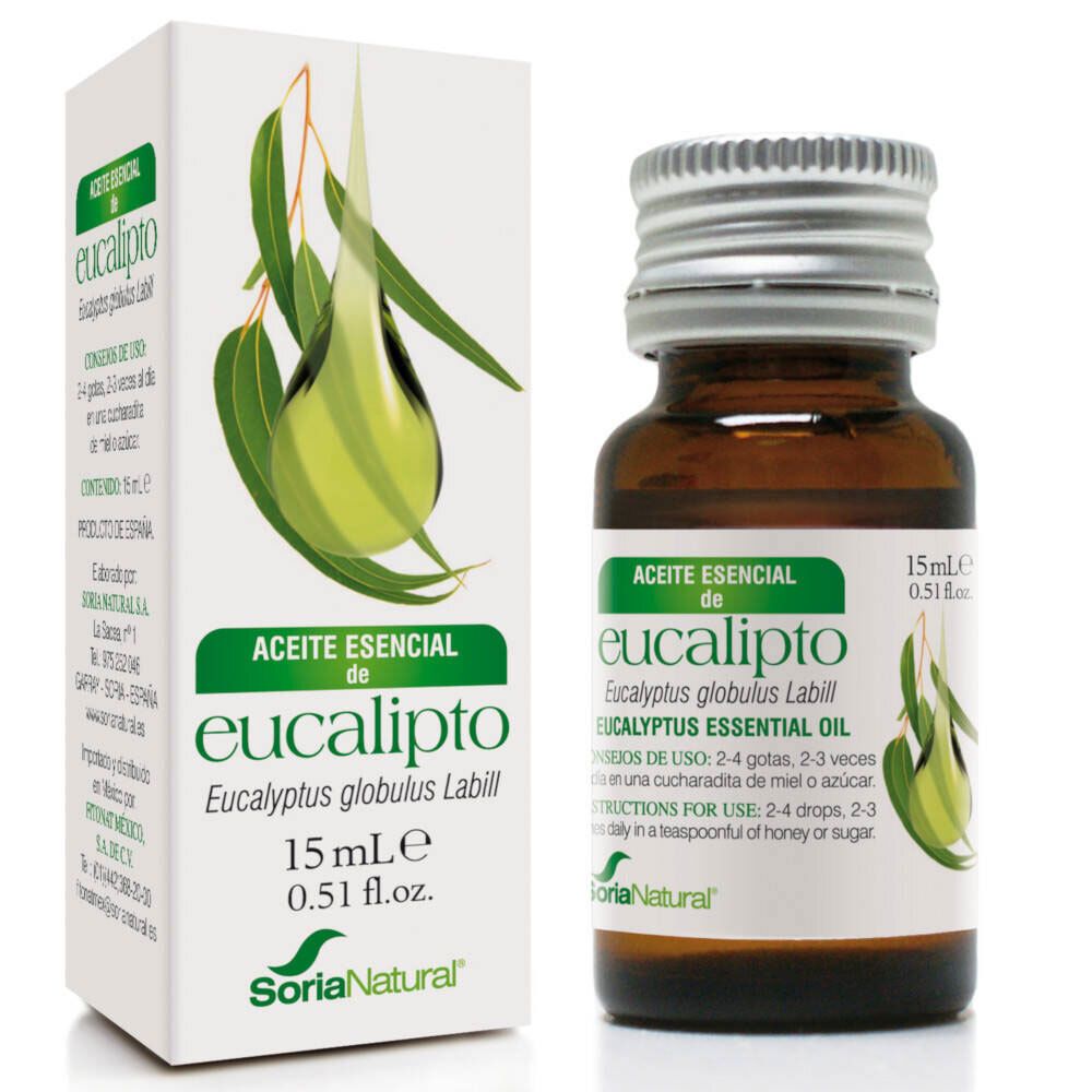 Flacon en verre brun et boîte blanche. Inscription : Aceite Esencial de Eucalipto, 15 ml. Logo Soria Natural.