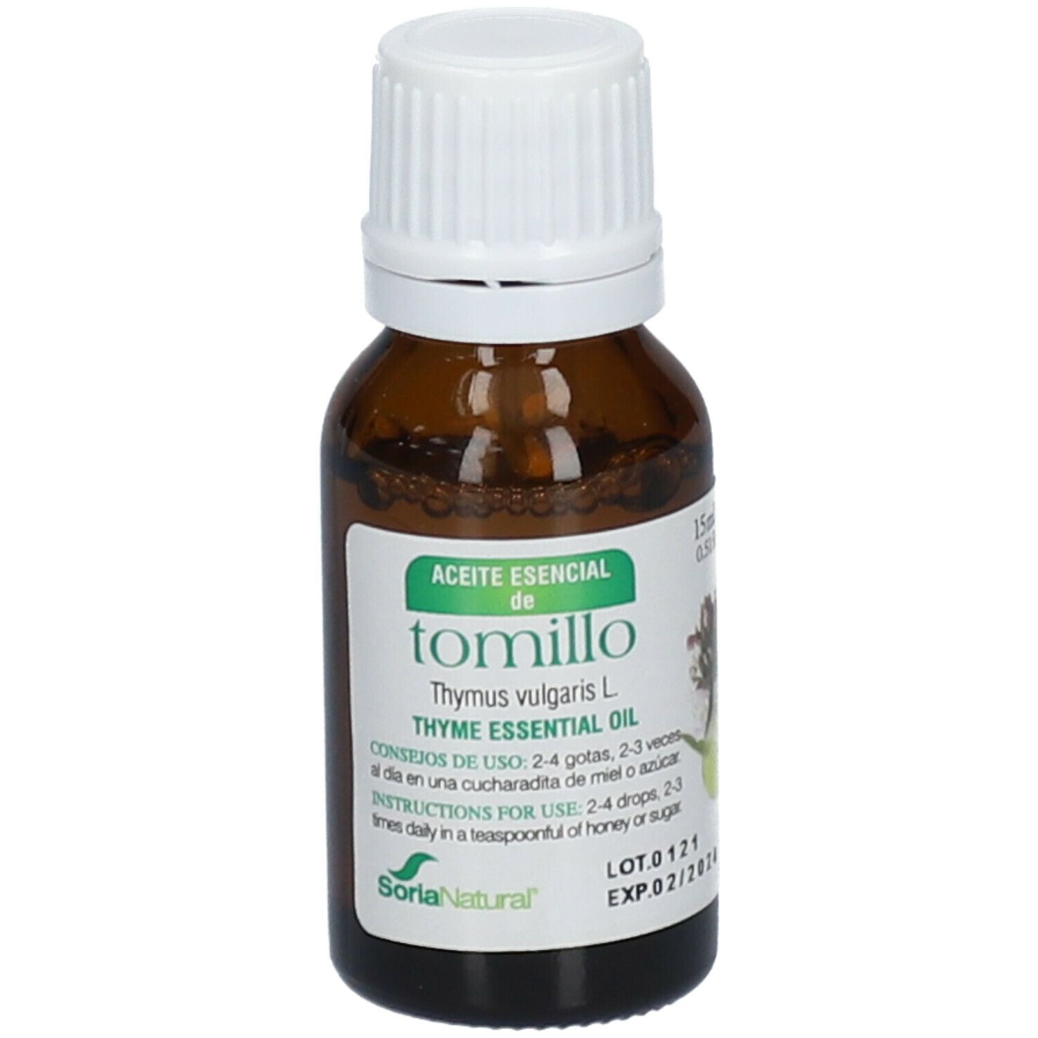Flacon en verre brun avec bouchon blanc. Étiquette avec informations produit. Soria Natural Thymus Vulgaris L. Thymol Huile Essentielle.