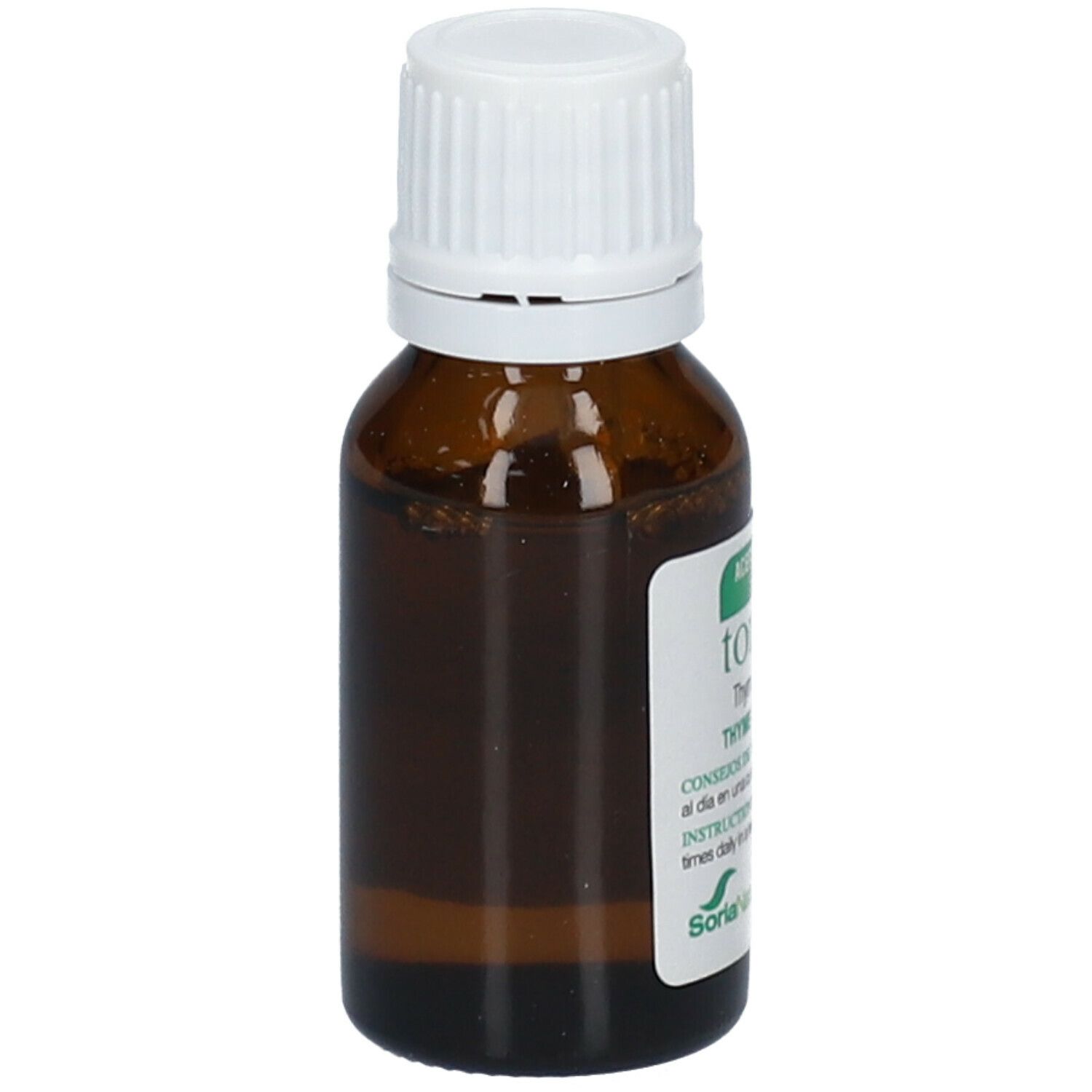 Flacon en verre brun avec bouchon blanc. Étiquette avec informations produit. Soria Natural Thymus Vulgaris L. Thymol Huile Essentielle.