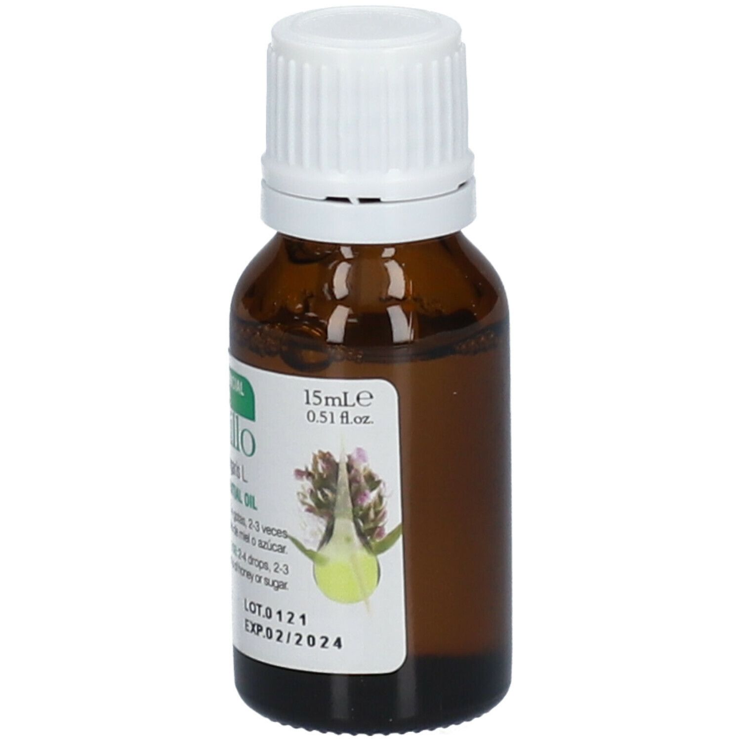 Flacon en verre brun avec bouchon blanc. Étiquette avec informations produit. Soria Natural Thymus Vulgaris L. Thymol Huile Essentielle.